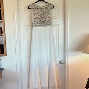 Stunning Beaded & Bejeweled Sheer Bodice Full Length Ivory Dress